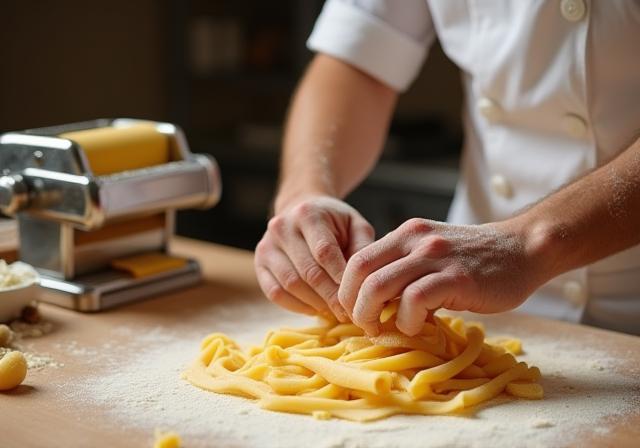 Experienced chef carefully preparing fresh pasta in a traditional Italian kitchen