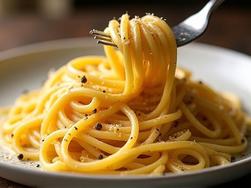 Rich, creamy plate of Cacio e Pepe pasta with grated Pecorino cheese and black pepper