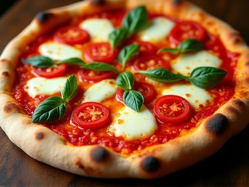 Authentic wood-fired Margherita pizza with bubbling mozzarella and fresh basil