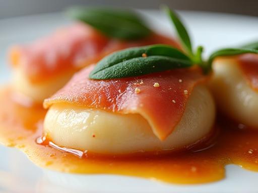 Plate of tender veal scallops topped with savory prosciutto and fresh sage leaves