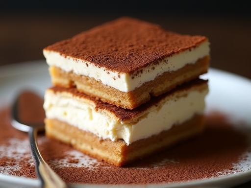 A generous portion of rich, homemade Tiramisu dessert dusted with cocoa powder