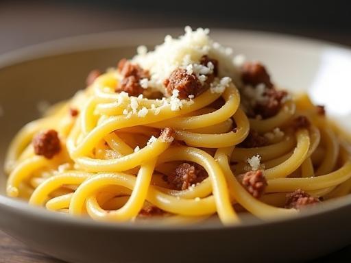 Close-up of a rich Carbonara pasta dish