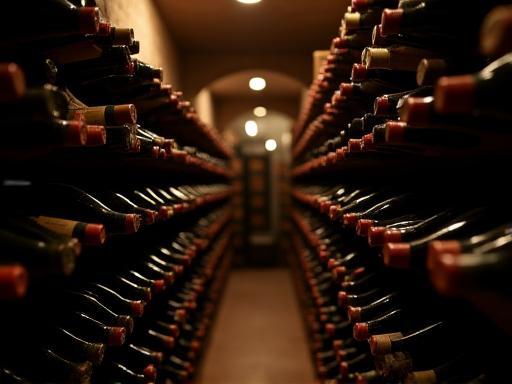 View of the restaurant's rustic wine cellar filled with bottles