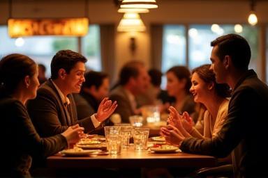 People enjoying a meal in a lively restaurant setting
