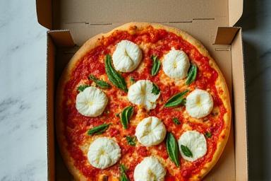 Freshly prepared pizza in a takeaway box
