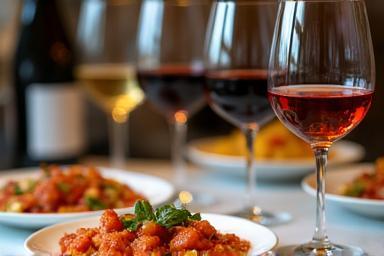 Glasses of wine on a table next to Italian dishes